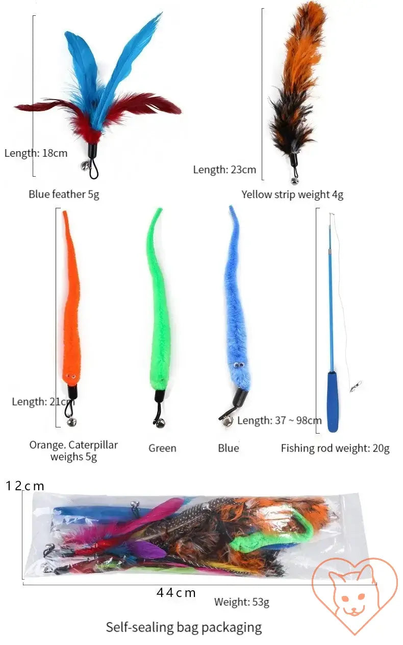 11pcs Cat Feather Toy Set with various colorful feather heads and retractable stick, ideal for playful cats.