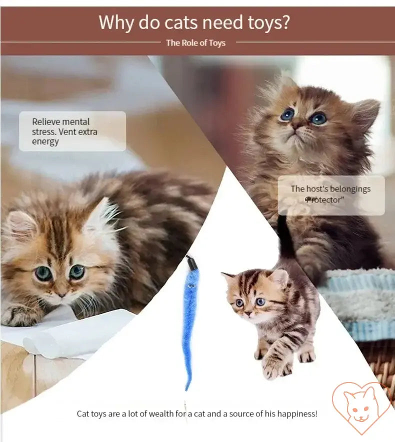 Two playful kittens with a text overlay about the importance of toys for mental stimulation and energy release.