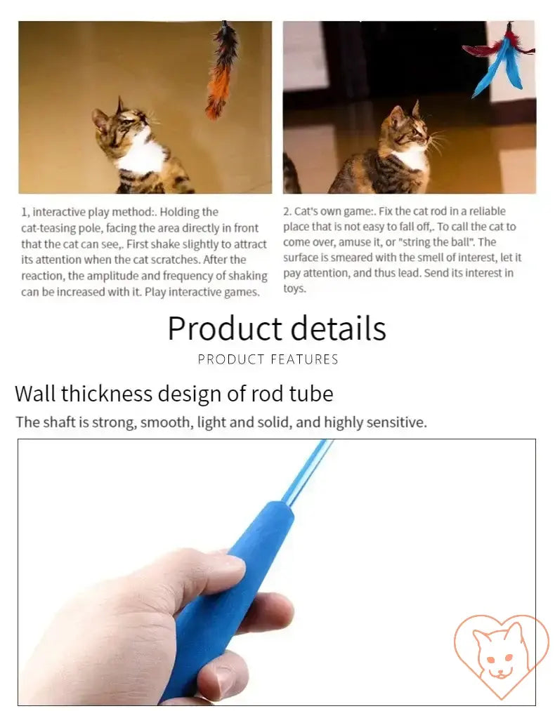 Interactive cat feather toy set showing play techniques and rod design features for durability and sensitivity.