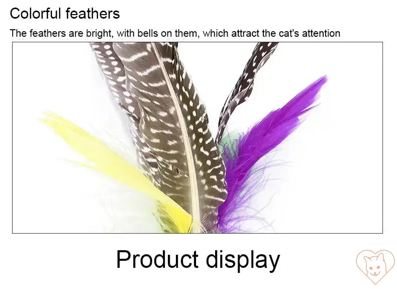 Colorful feathers with bells for cat toys, designed to attract attention and engage playful behavior.