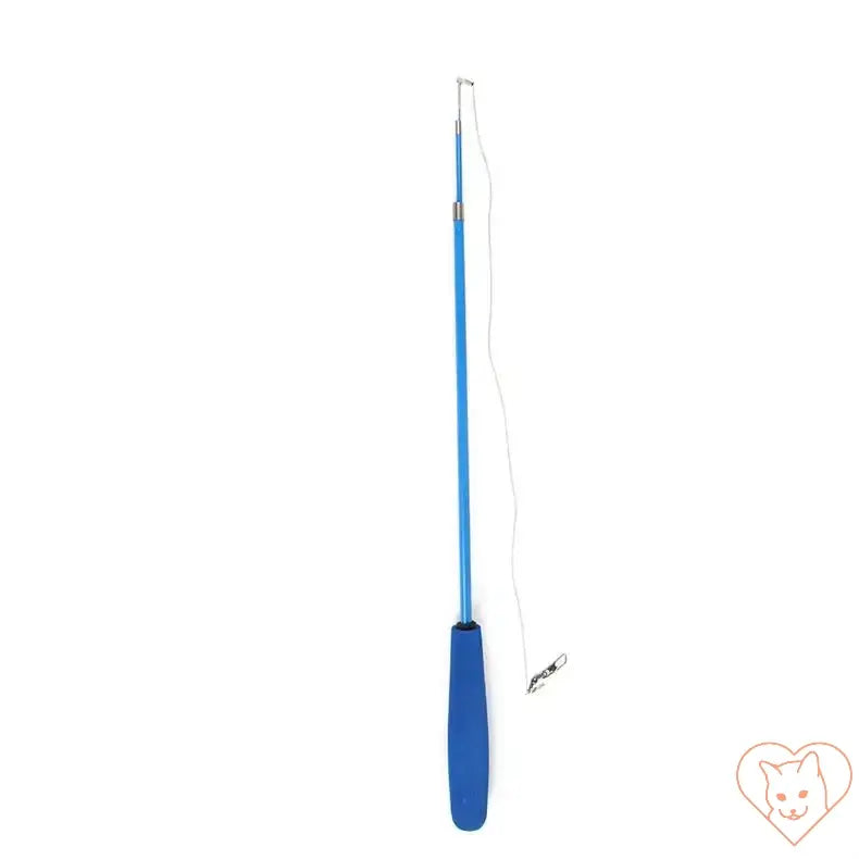 Retractable blue cat toy stick with a sturdy handle and attached string for feather toys.