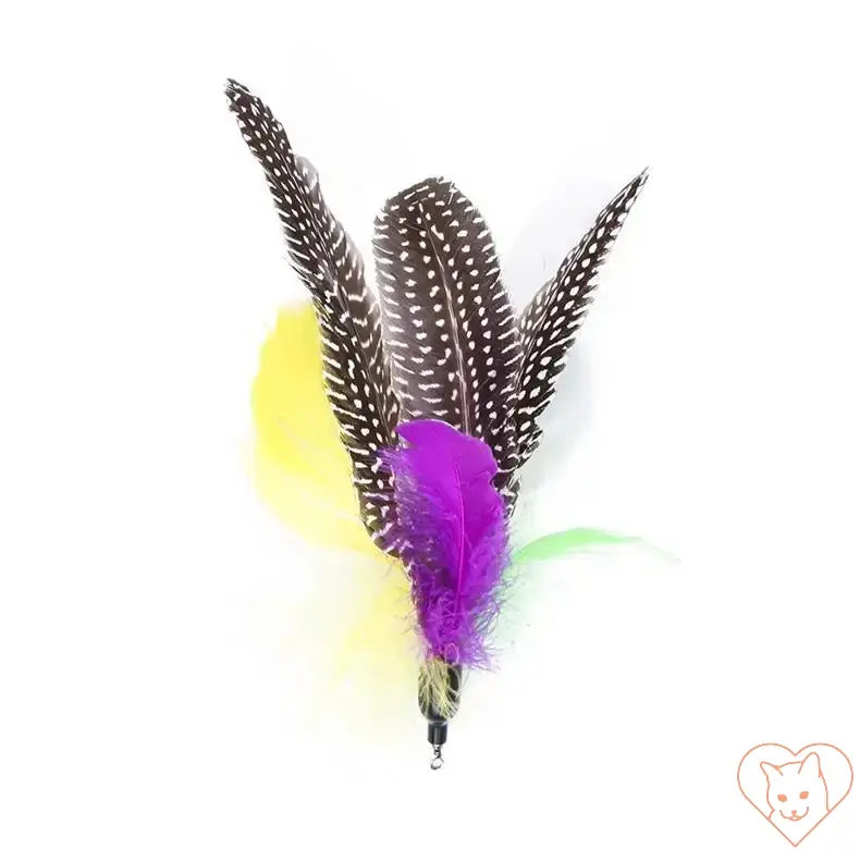 Colorful cat feather toy head with purple, yellow, and green feathers for playful feline fun.