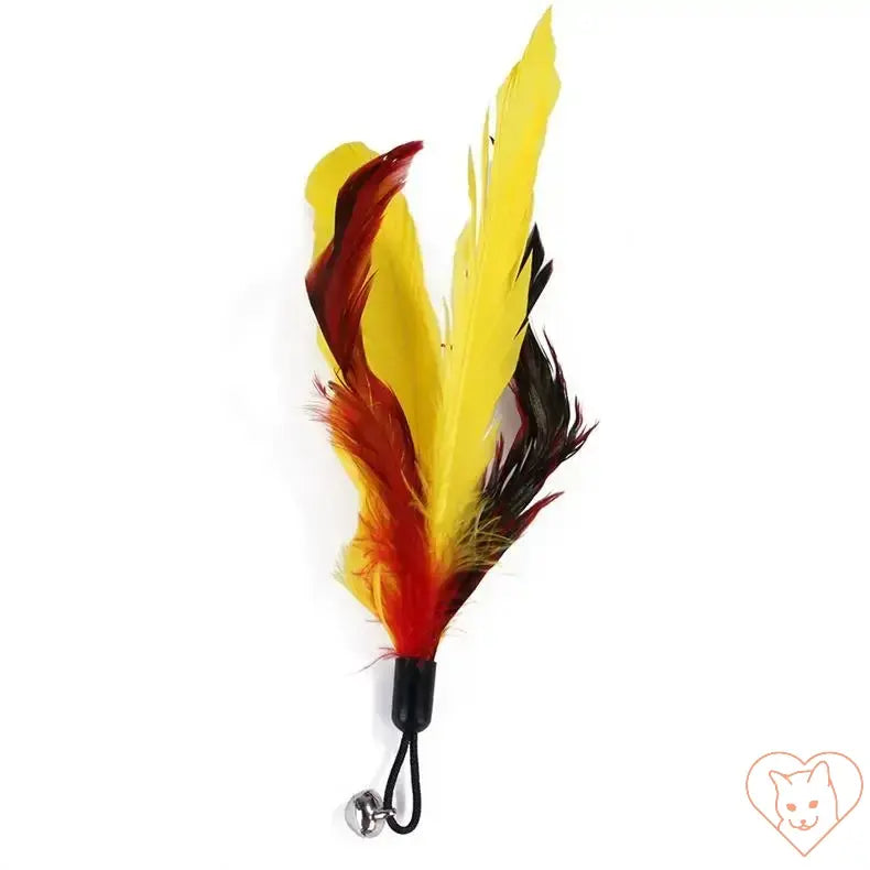 Colorful yellow and red replacement feather head for cat toy, featuring a bell attachment for added playfulness.