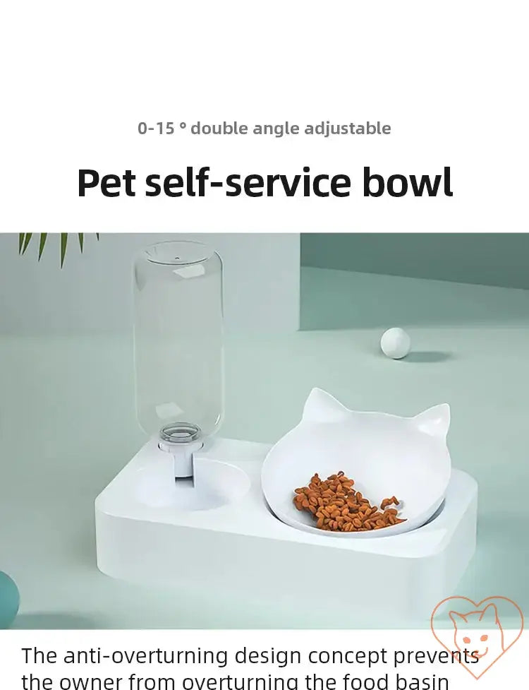 Adjustable 0-15° pet self-service bowl with water dispenser and anti- overturning design for comfortable feeding.