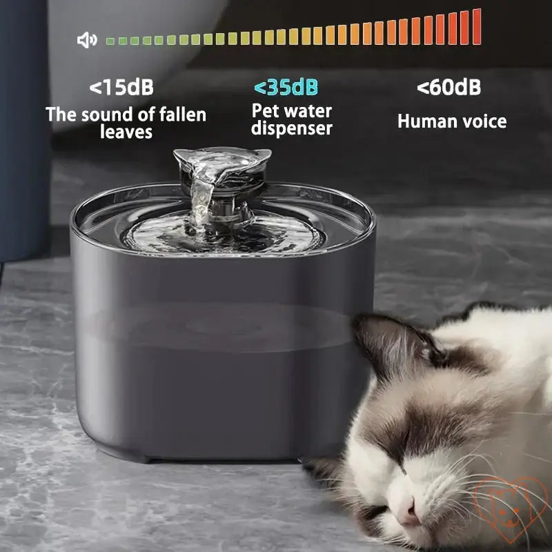 2.2L cat water fountain with quiet operation, featuring pet-friendly design and comparison of sound levels.
