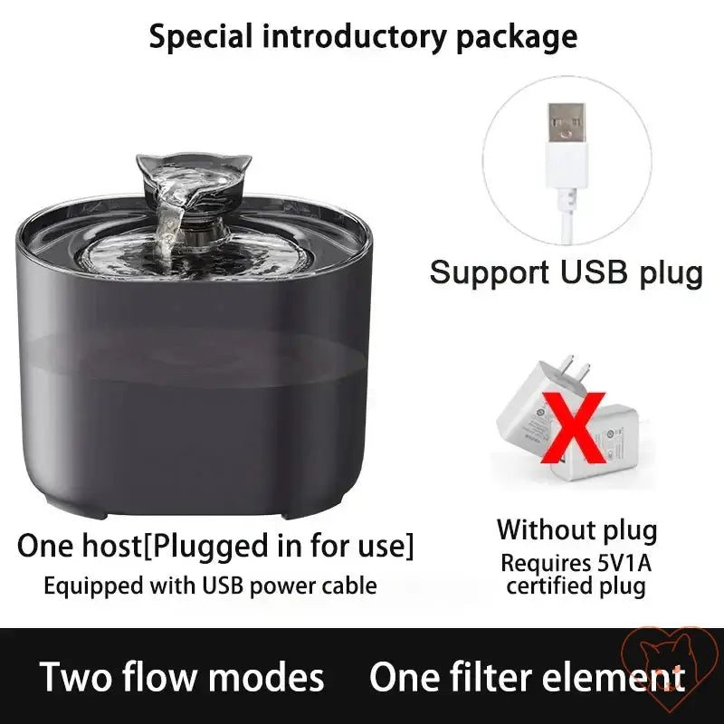 2.2L cat water fountain with USB power, featuring two flow modes and one filter element, perfect for cat hydration.