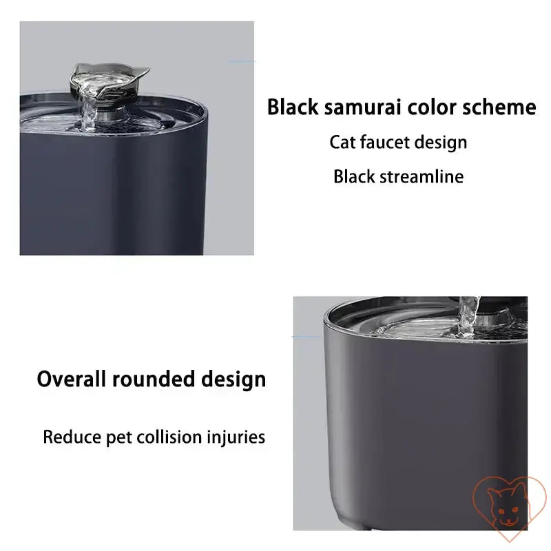 2.2L cat water fountain with black samurai color scheme, cat faucet design, and rounded edges for safety.