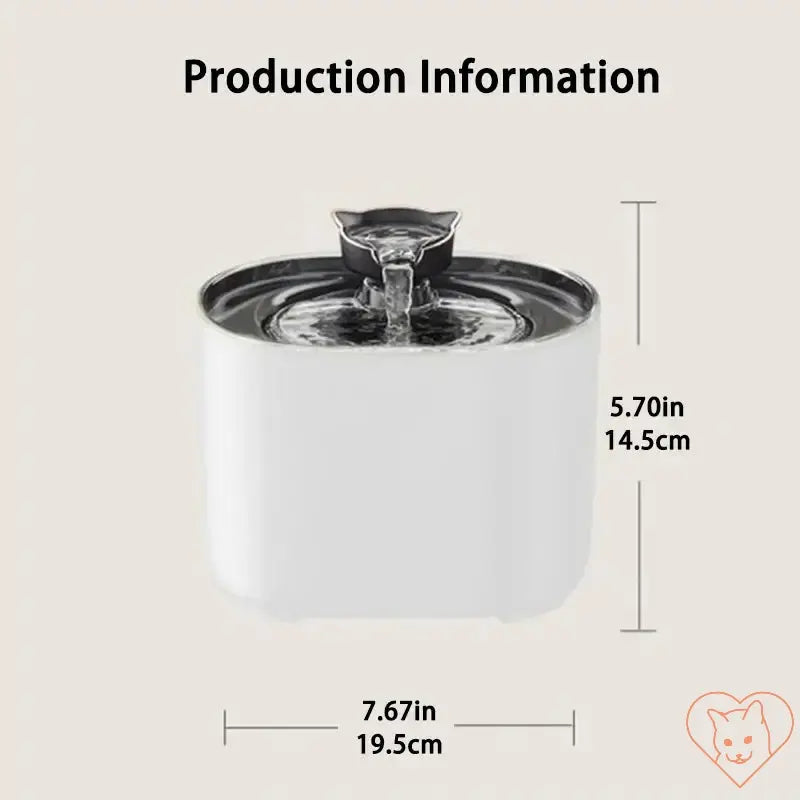 2.2L Cat Water Fountain dimensions with charcoal filter, featuring a cat ear design and water flow.