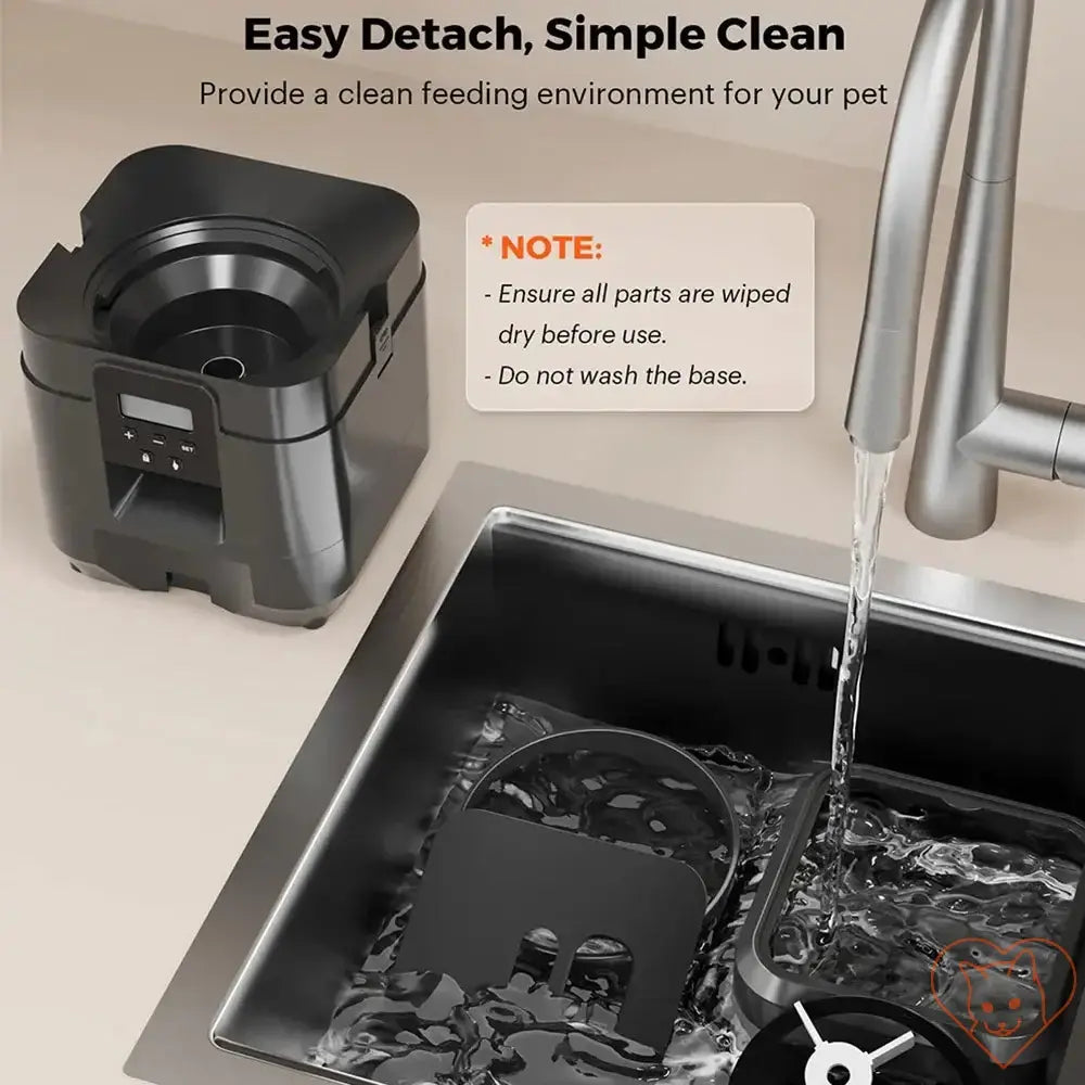 Easy-detach automatic pet feeder design for simple cleaning in the kitchen sink.