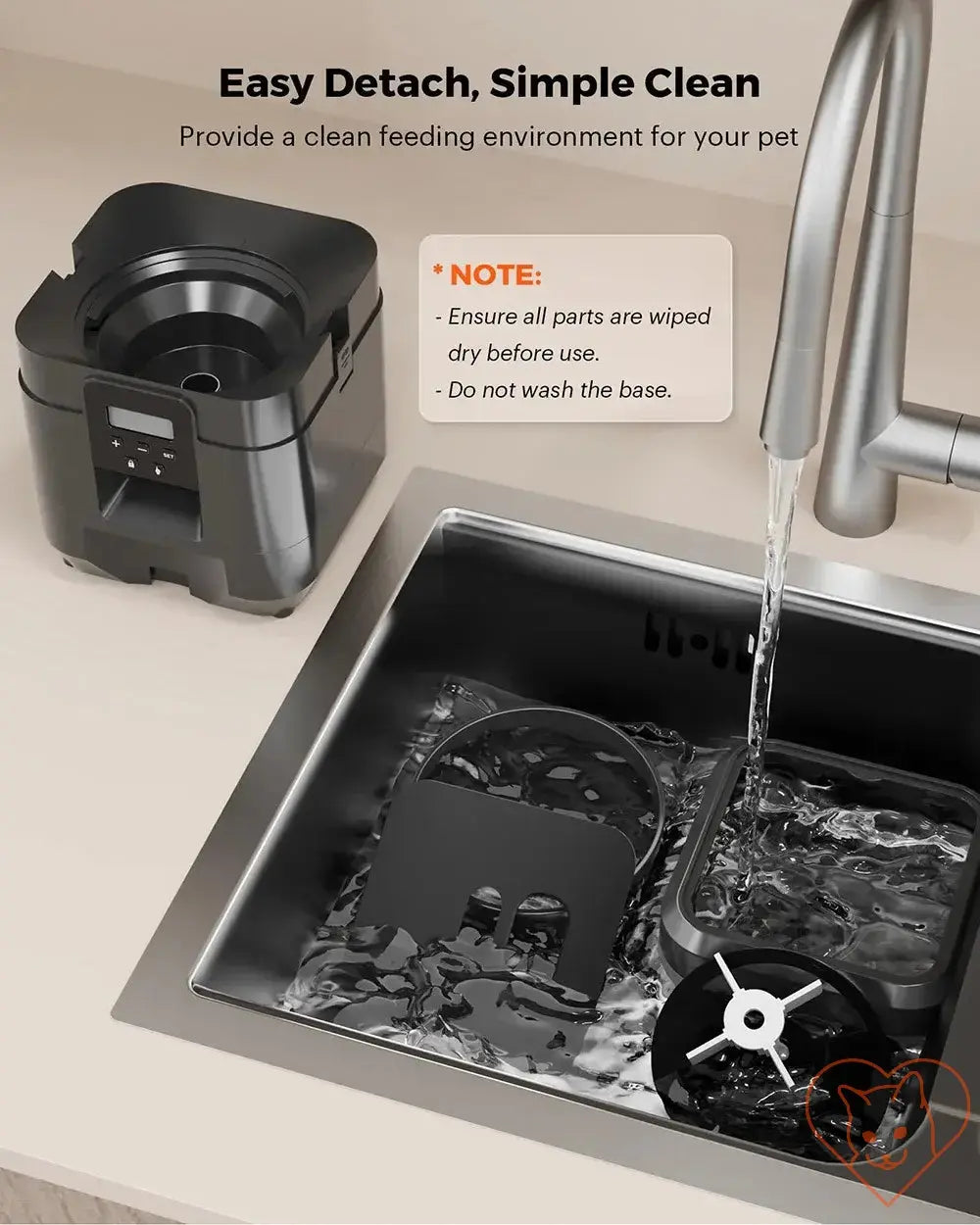 2L Smart Automatic Pet Feeder disassembled for easy cleaning in a sink, showcasing simple maintenance features.