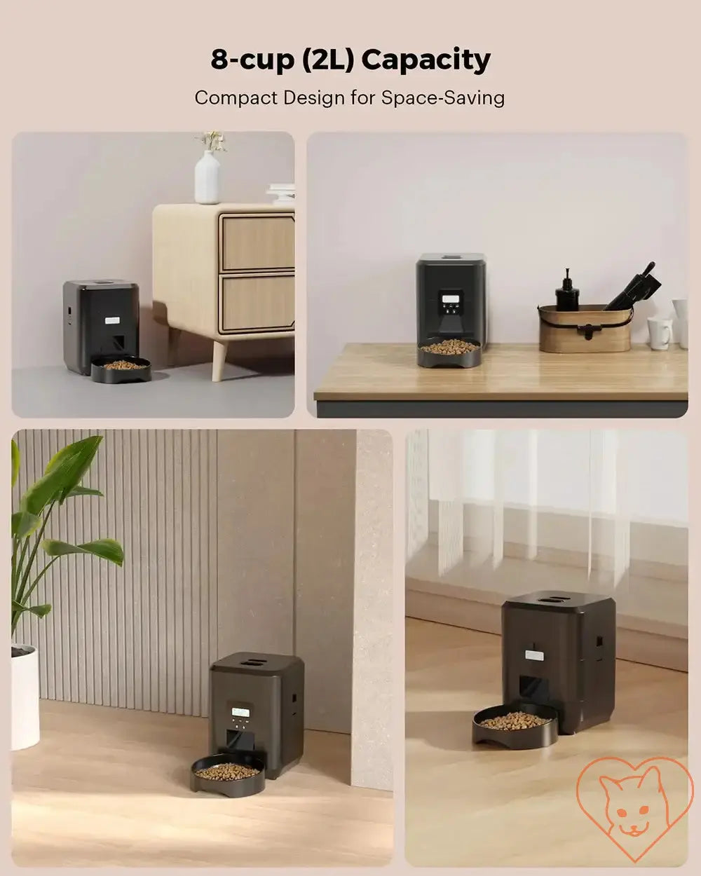 2L smart automatic pet feeder in compact design, ideal for saving space and serving dry food for pets.