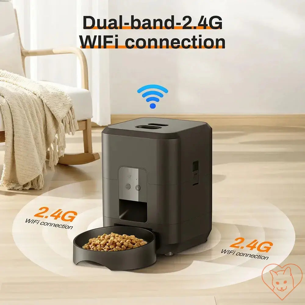 2L Smart Automatic Pet Feeder with Wi-Fi connection for cats and dogs, showcasing dry food dispenser in a modern setting.