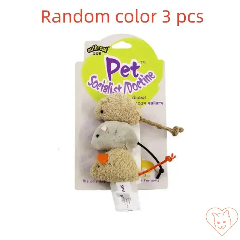 3 pcs plush mouse cat toys in random colors, designed for interactive play and feline enjoyment.