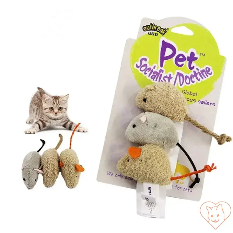 3 plush mouse cat toys in packaging with a playful kitten, perfect for engaging feline instincts.