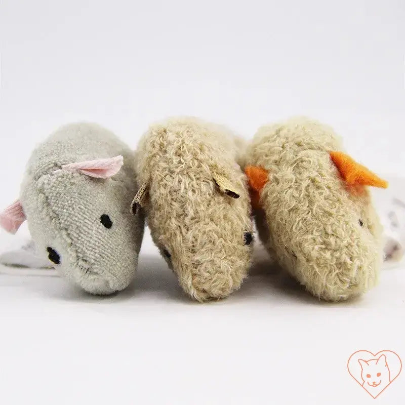 Three plush simulation mouse cat toys in gray and beige, perfect for engaging and entertaining your feline friends.