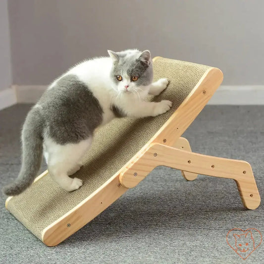 Cat using a 3-in-1 Cat Scratcher Bed with Wooden Frame, showcasing scratching and lounging features.