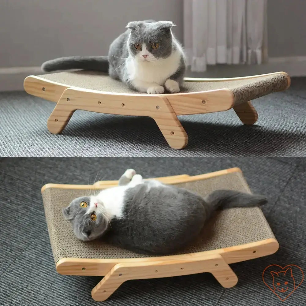 3-in-1 cat scratcher bed with wooden frame, featuring a gray cat lounging on its curved surface.