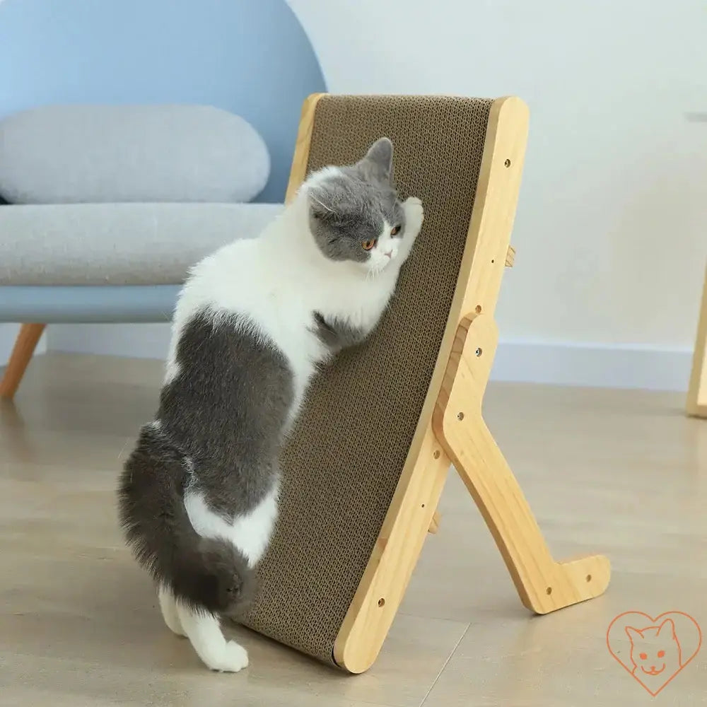 Cat using the 3-in-1 Cat Scratcher Bed with Wooden Frame for scratching and lounging.