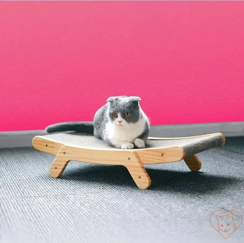 Cat lounging on a 3-in-1 wooden scratcher bed, featuring a curved design for comfort and claw care.