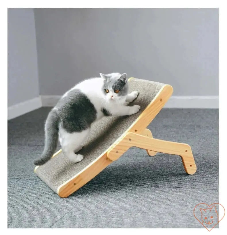 Cat using a 3-in-1 cat scratcher bed with wooden frame, scratching and lounging comfortably.