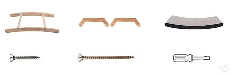 Components of a 3-in-1 cat scratcher bed including wood frame, cardboard pad, screws, and screwdriver.