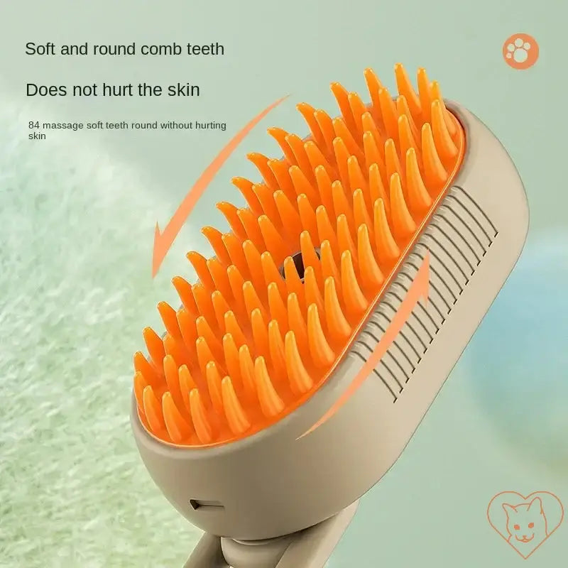 Close-up of the 3-in-1 Cat Steam Brush showing soft, round teeth designed for gentle grooming without hurting the skin.