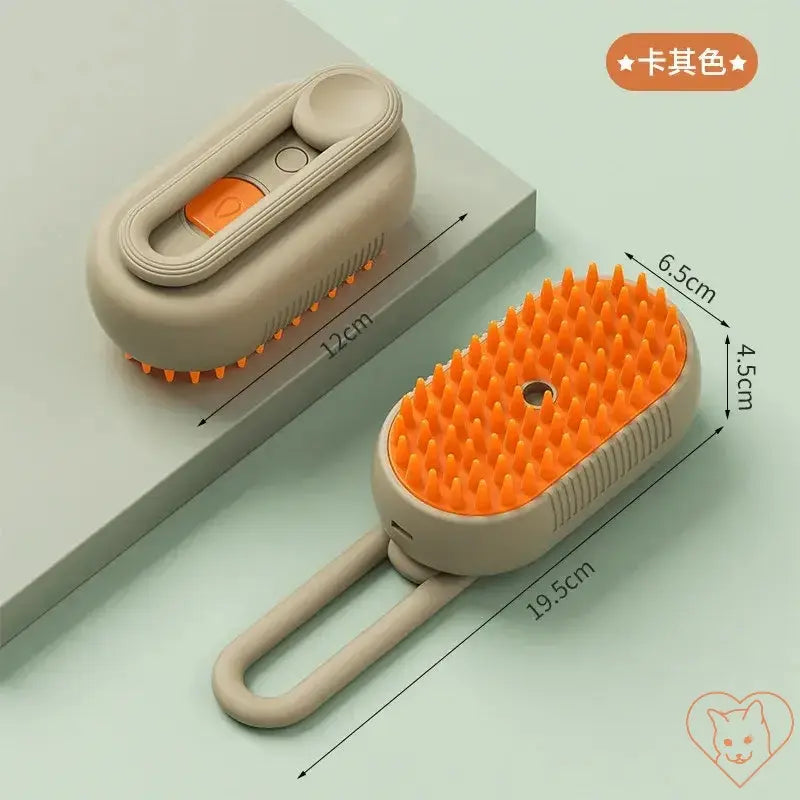 3-in-1 Cat Steam Brush in beige and orange, designed for pet grooming, featuring detangling and massaging functionalities.