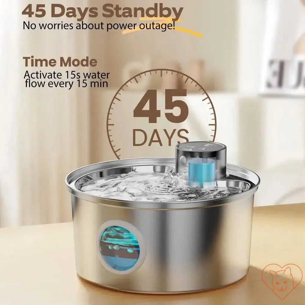 3.2L stainless steel cat water fountain showcasing 45 days standby feature and timed water flow.