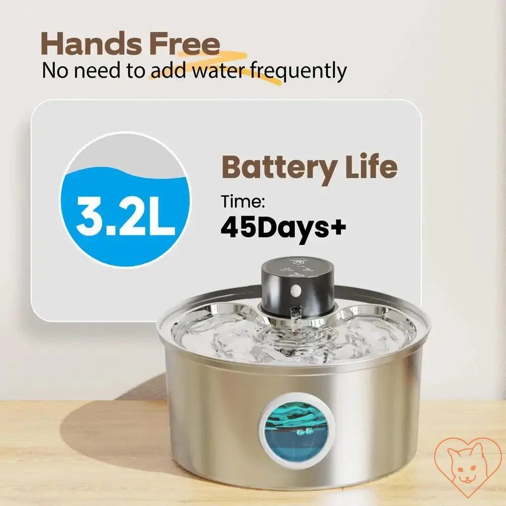 3.2L Automatic Cat Water Fountain showing hands-free operation and 45 days battery life.