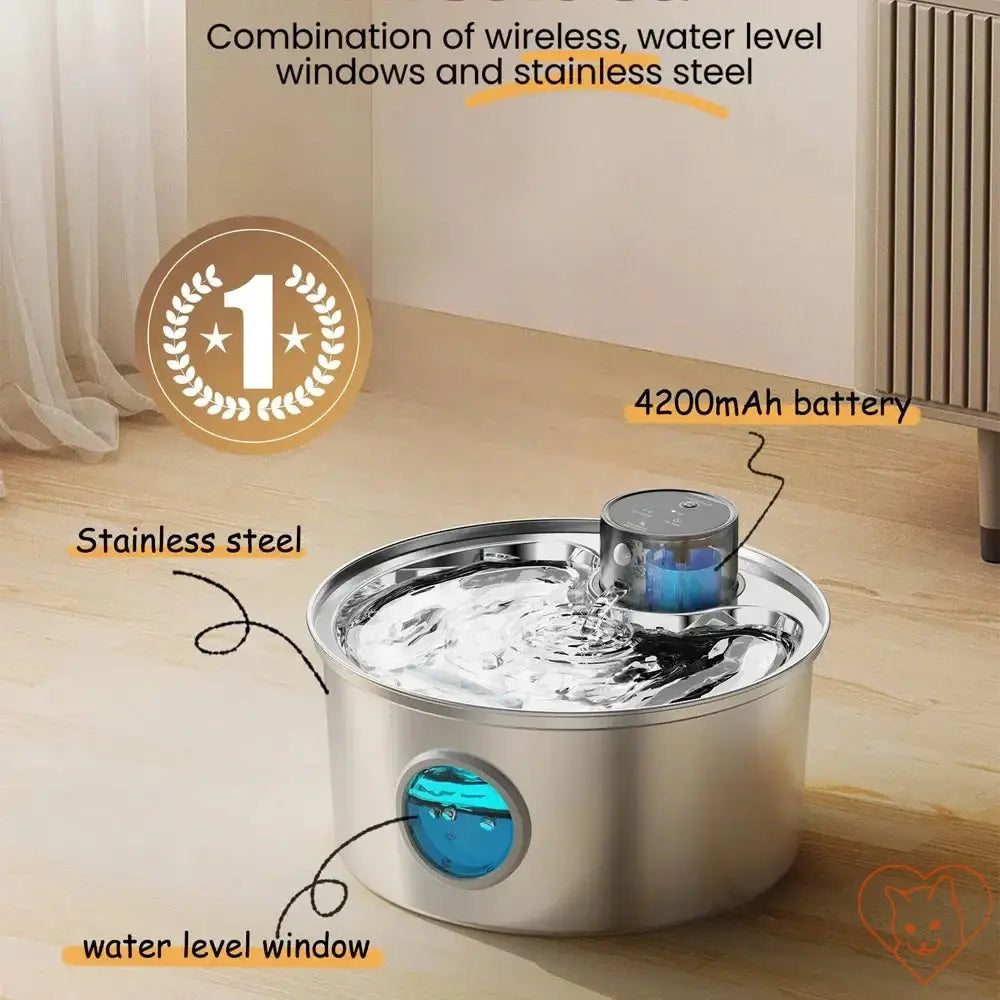 Stainless steel automatic cat water fountain with water level window and 4200mAh battery for pets.