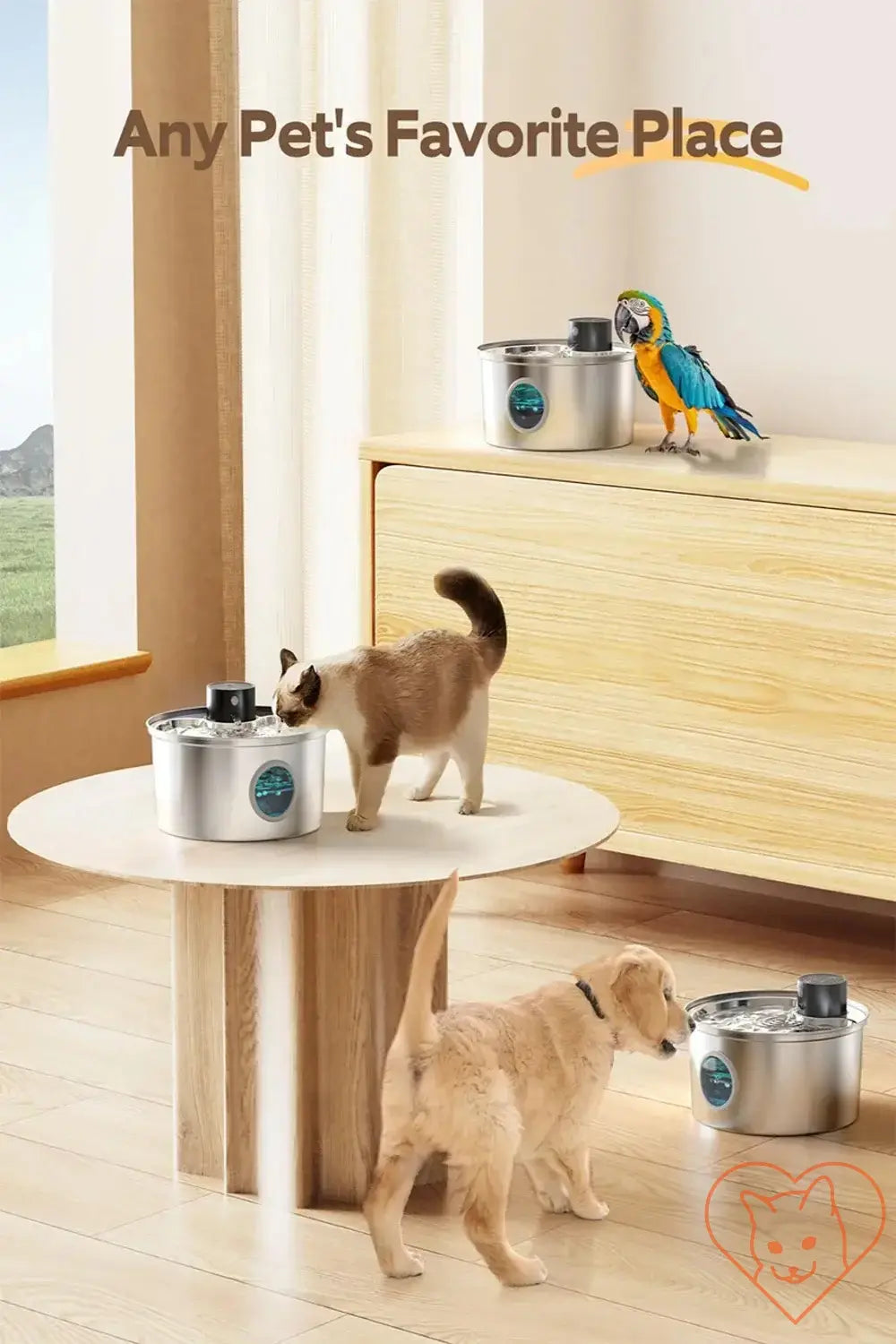 Cat and puppy enjoying a stainless steel pet water fountain at home, highlighting a favorite pet spot.