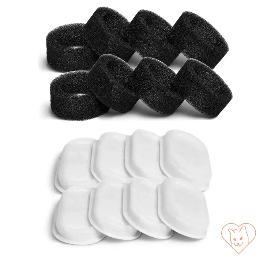 Replacement filters for stainless steel cat water fountain, including black foam and white pads.