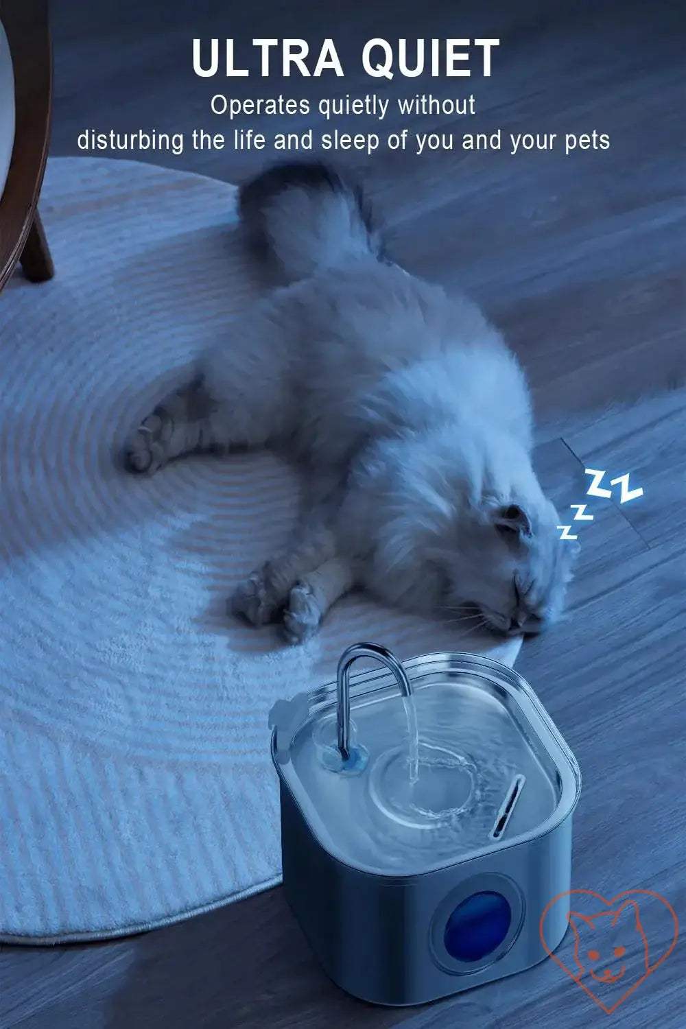 Ultra quiet 3.2L stainless steel cat water fountain next to a sleeping cat, ensuring peaceful hydration.