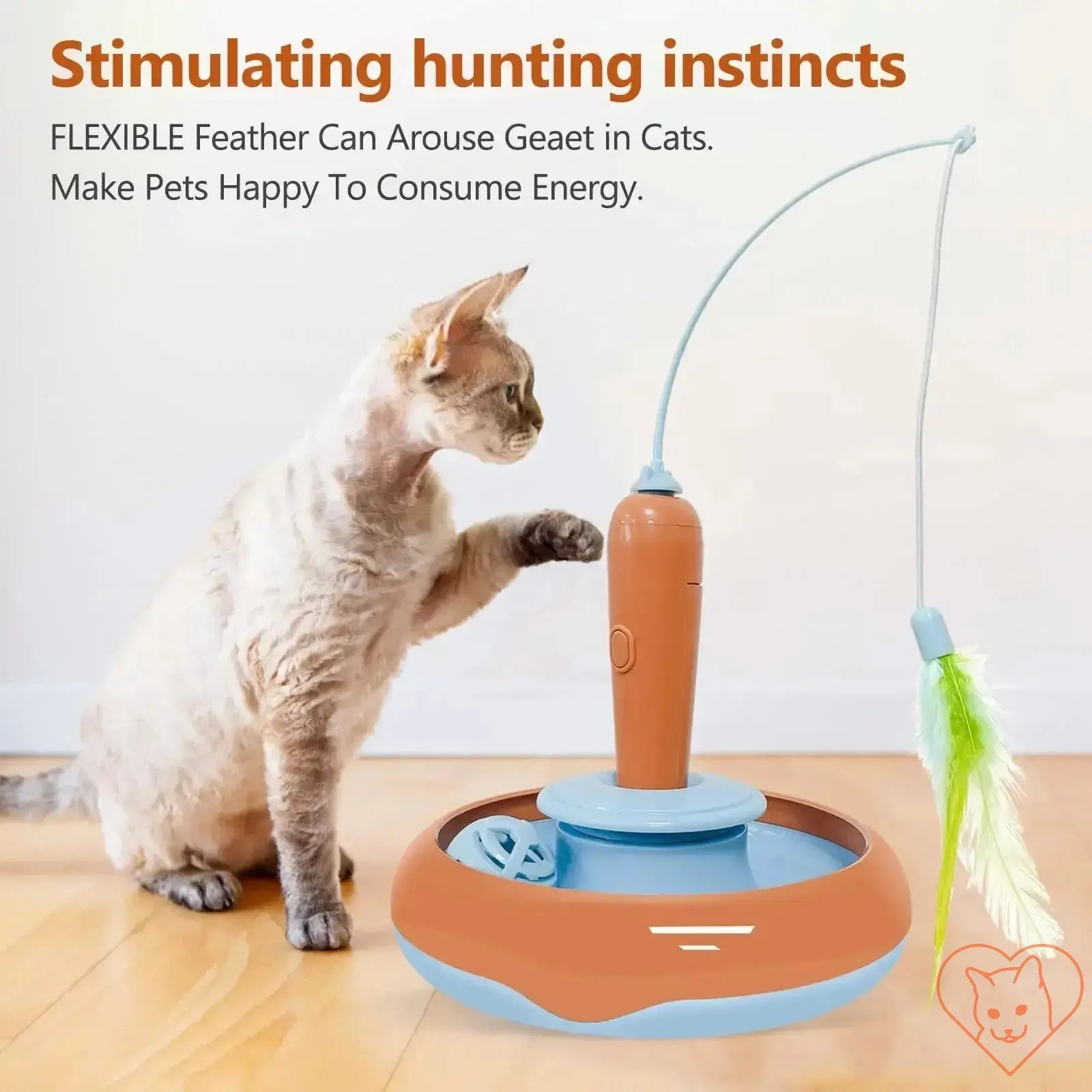 Cat playing with a 360° rotating interactive feather toy, stimulating its hunting instincts and keeping it engaged.