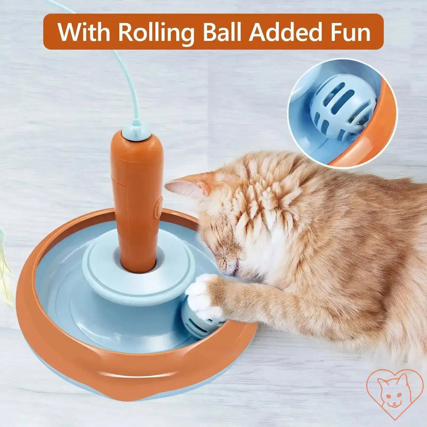 Cat interacting with 360° rotating toy featuring a rolling ball for added fun and engagement.