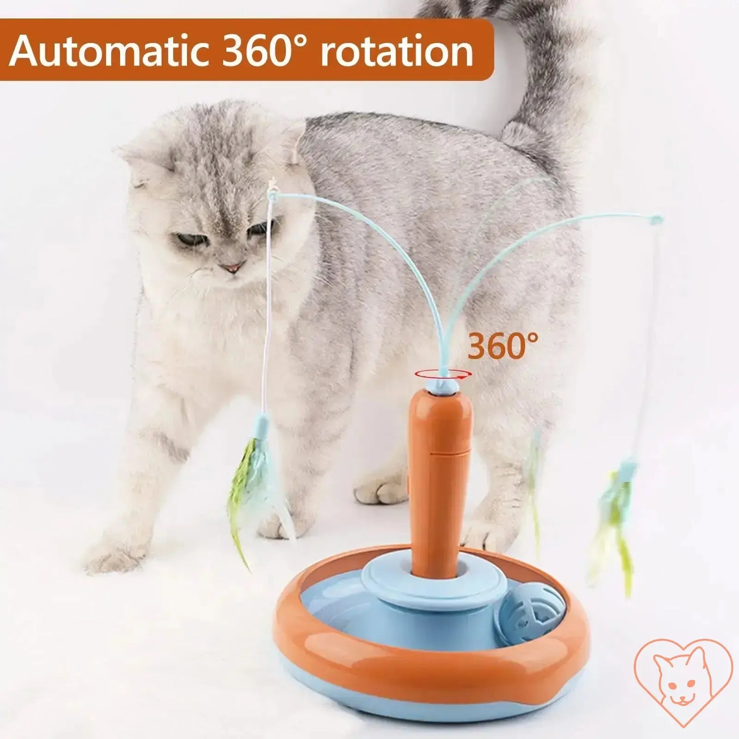 Interactive 360° rotating cat feather toy with spinning feathers, engaging a cat in playtime.