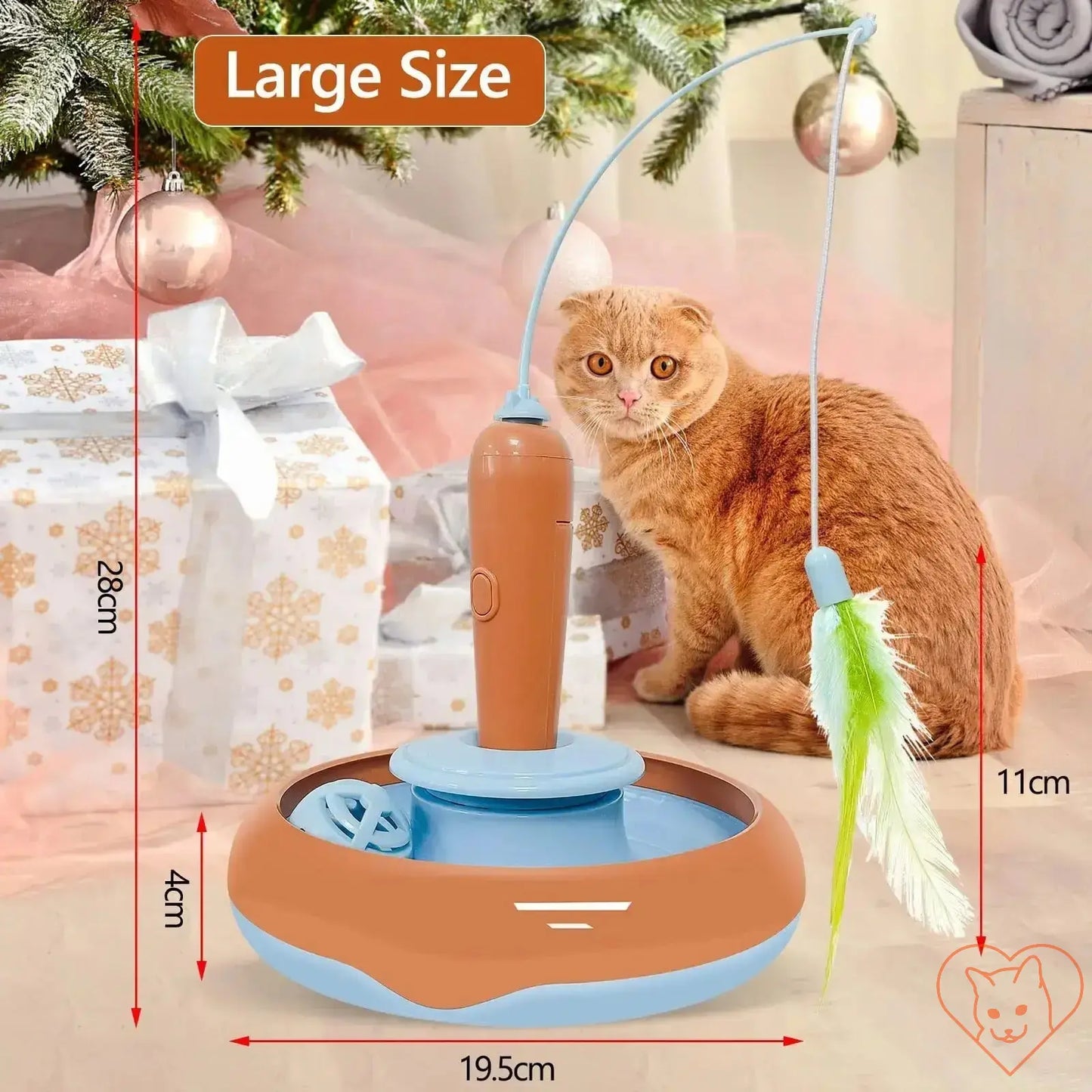 Interactive cat toy with feather, large size, in a festive setting with a curious cat and holiday decorations.