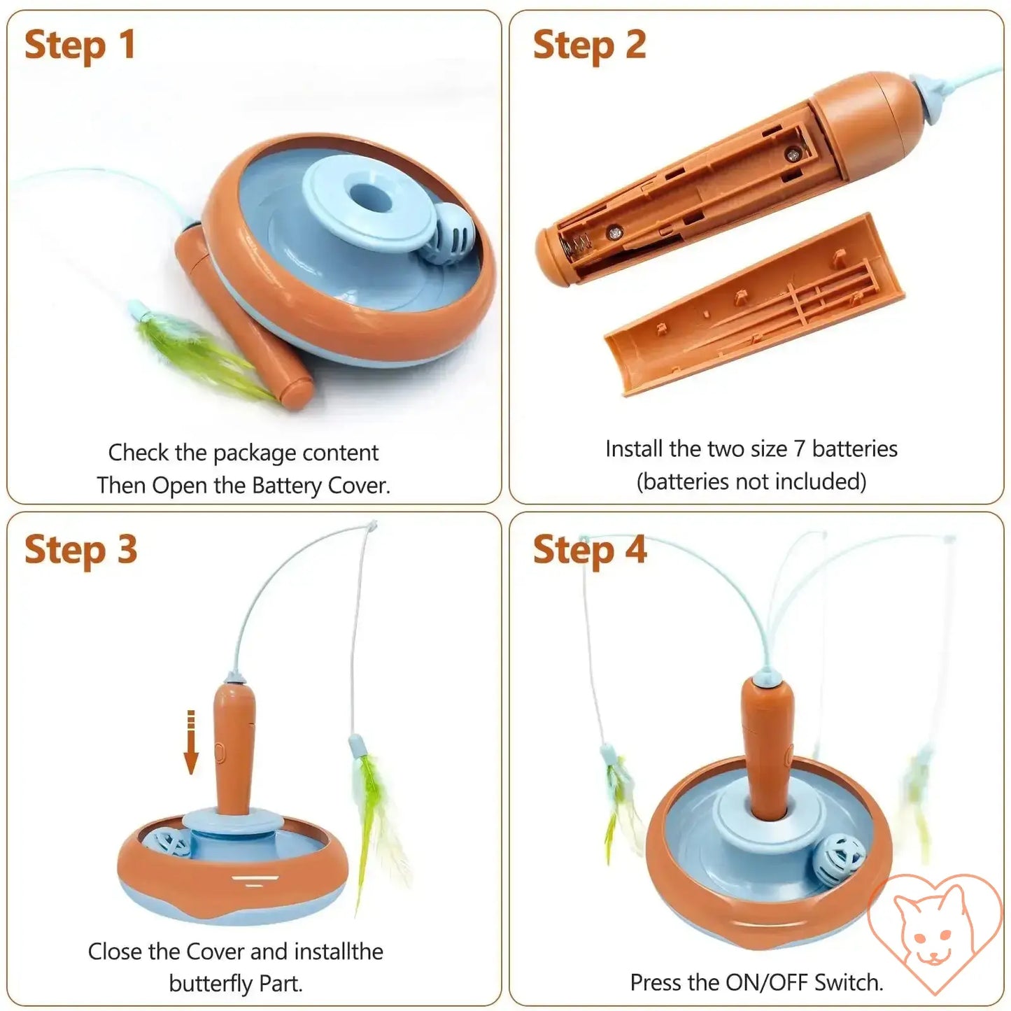 Step-by-step instructions for assembling the 360° Rotating Interactive Cat Feather Toy.