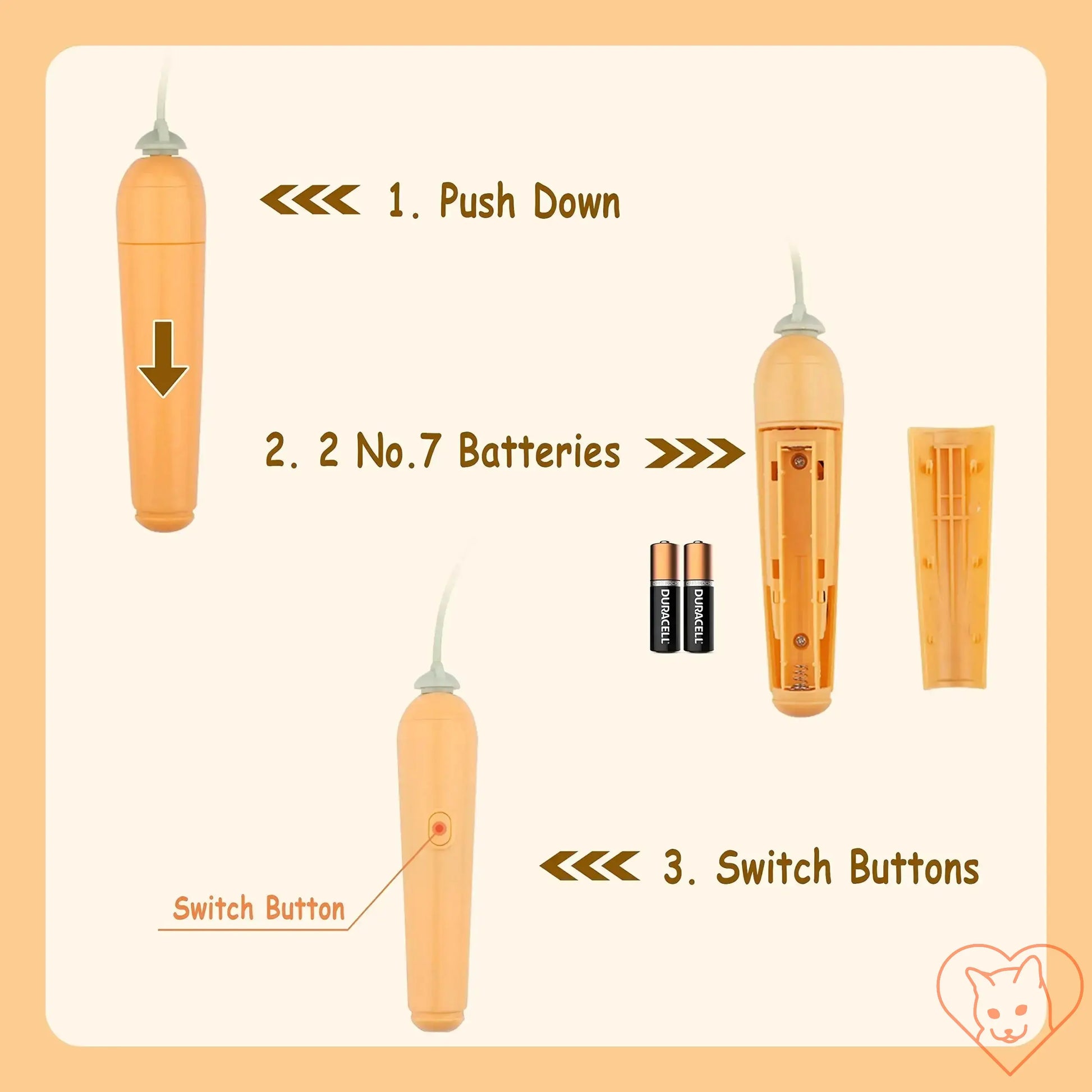 Instructions for using the interactive cat toy, showing battery insertion and switch buttons.