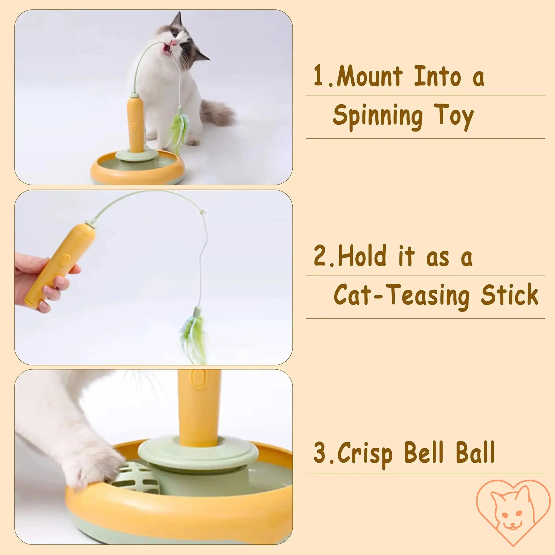 Instructions for using the 360° Rotating Interactive Cat Feather Toy with mount, handheld stick, and bell ball features.