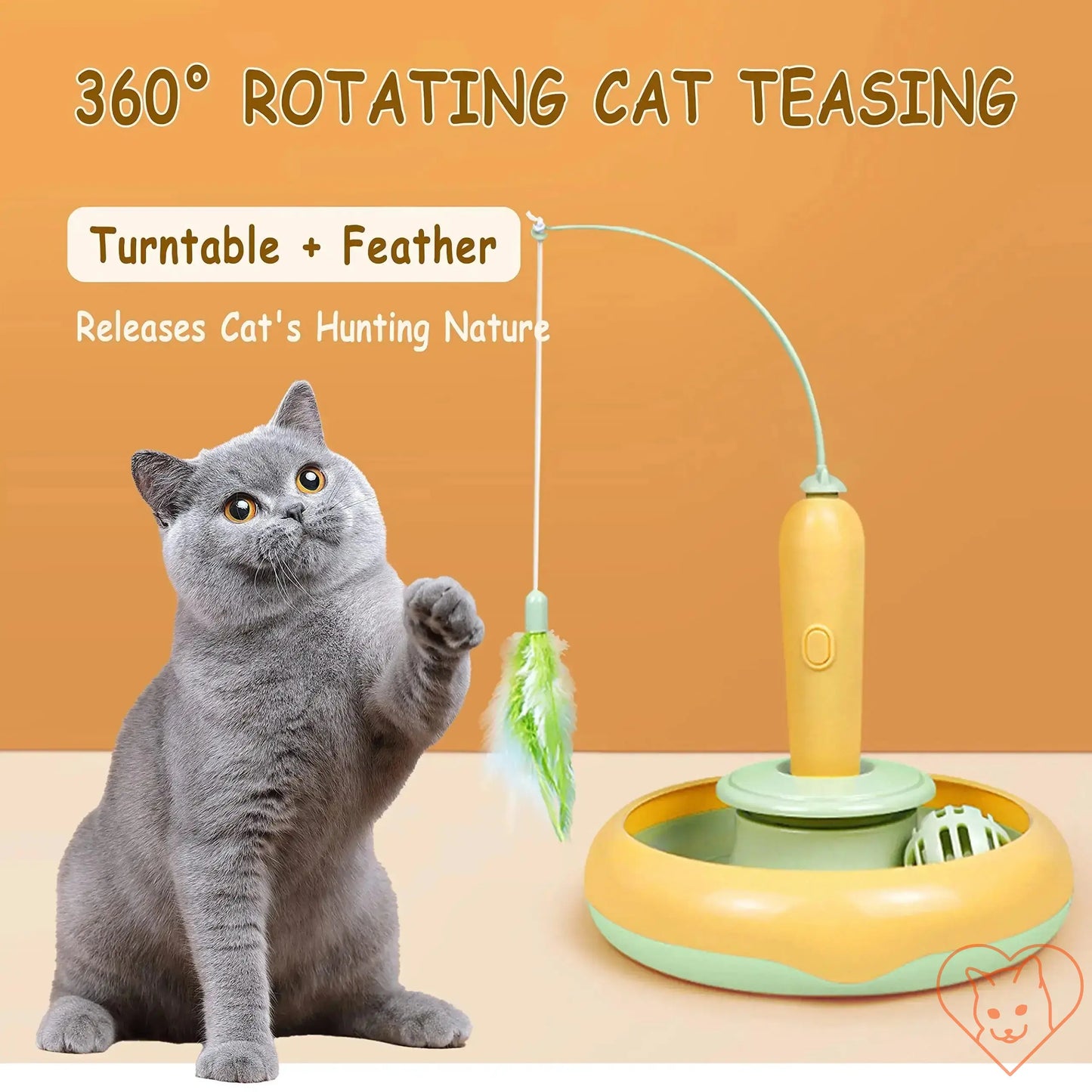 360° Rotating Interactive Cat Feather Toy with turntable and feather, engaging cats' hunting instincts.