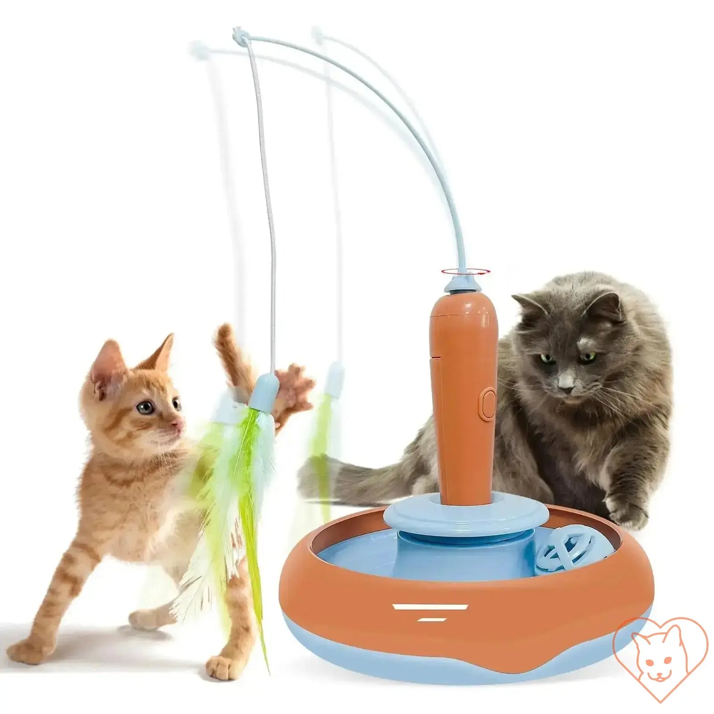 Two cats play with a 360° Rotating Interactive Cat Feather Toy with colorful feathers and a spinning base.