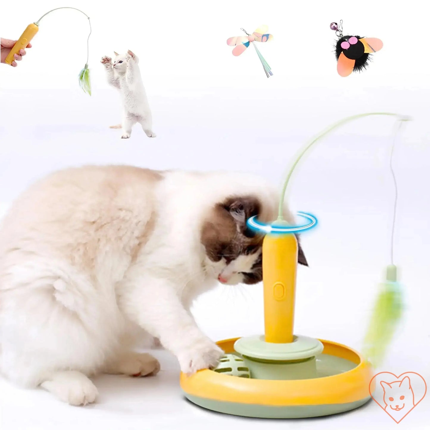 Interactive cat feather toy with a playful cat, featuring a spinning turntable and detachable feather teaser.