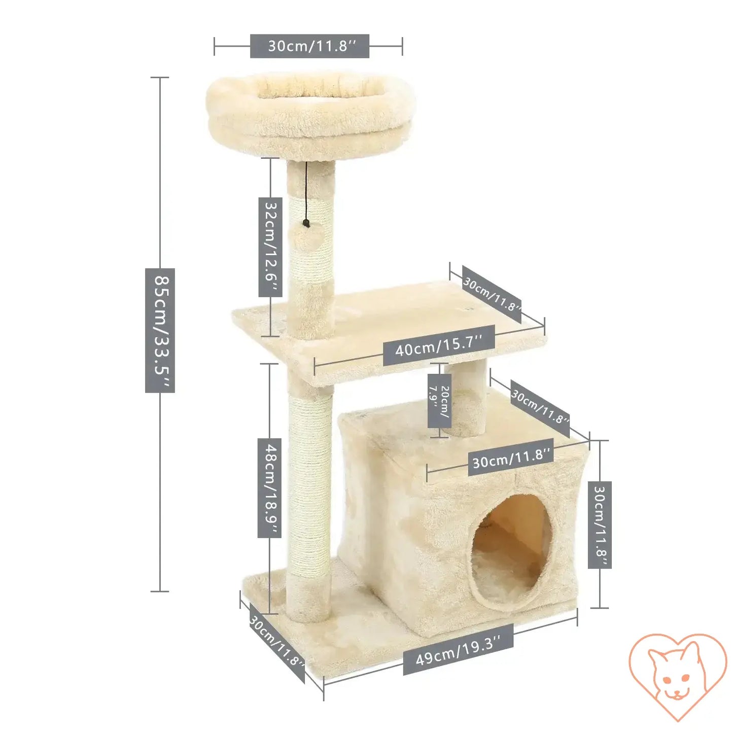 Detailed dimensions of a 68-Inch Multi-Level Cat Tree Tower with cozy condos and scratching posts.