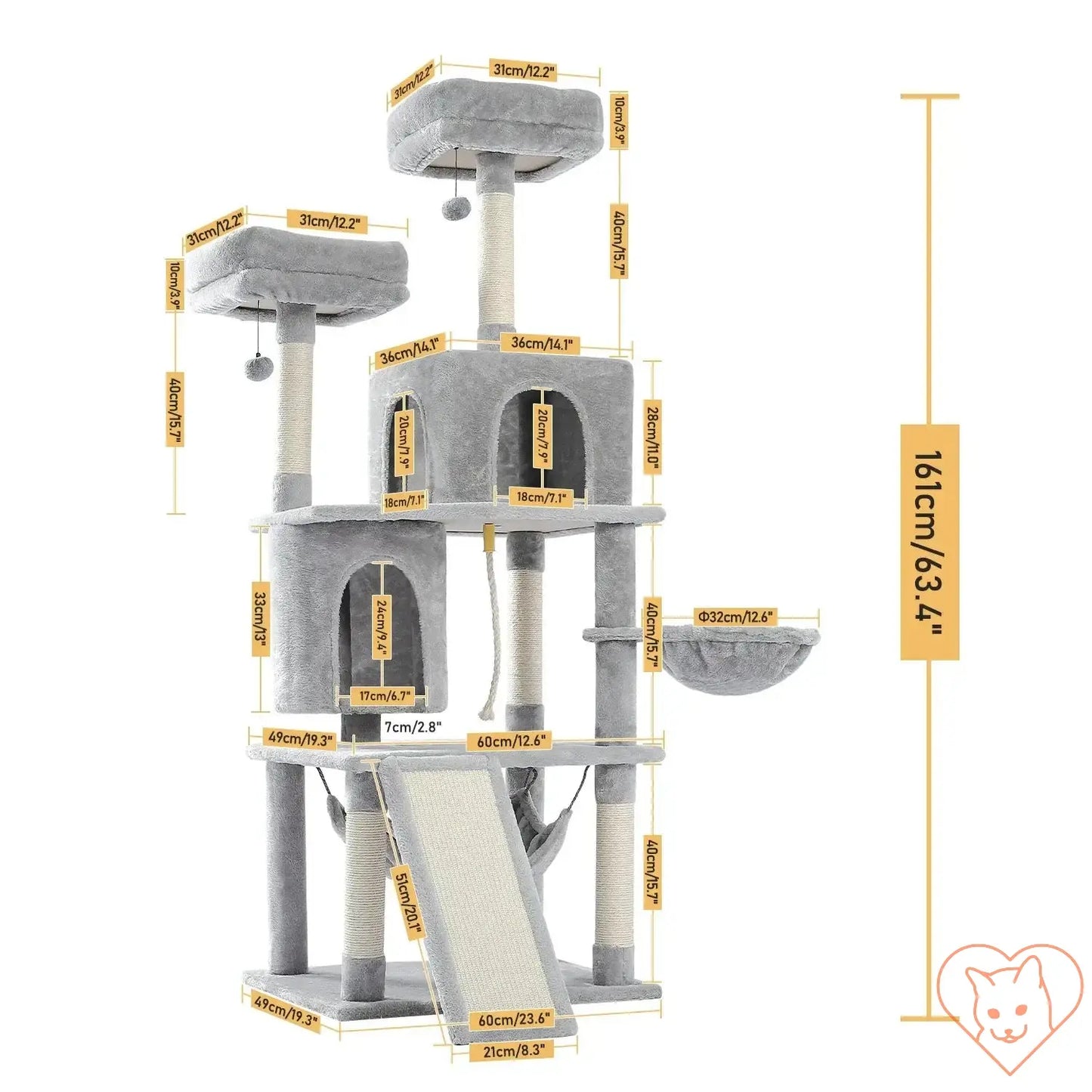 68-Inch Multi-Level Cat Tree Tower features dimensions and design for cats' climbing, napping, and scratching enjoyment.