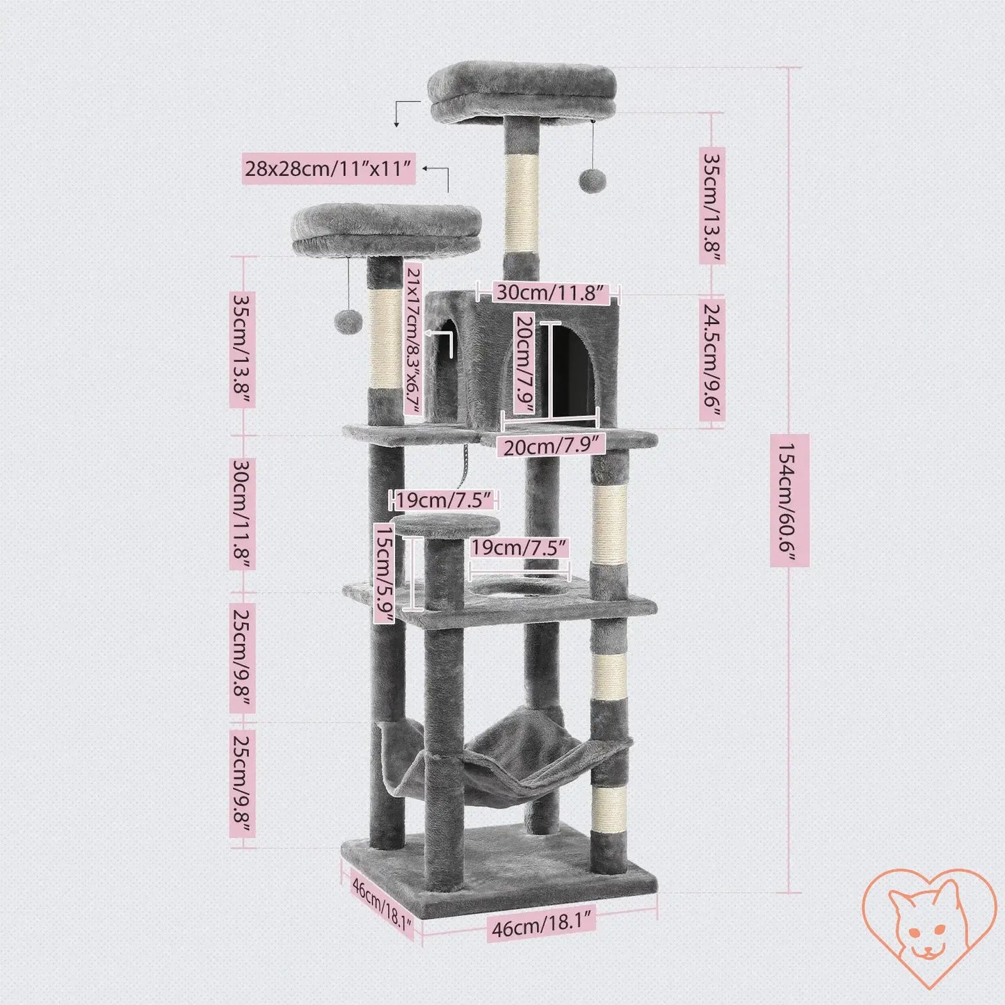 68-Inch Multi-Level Cat Tree Tower with dimensions, showcasing condos, sisal posts, and perch for cats.