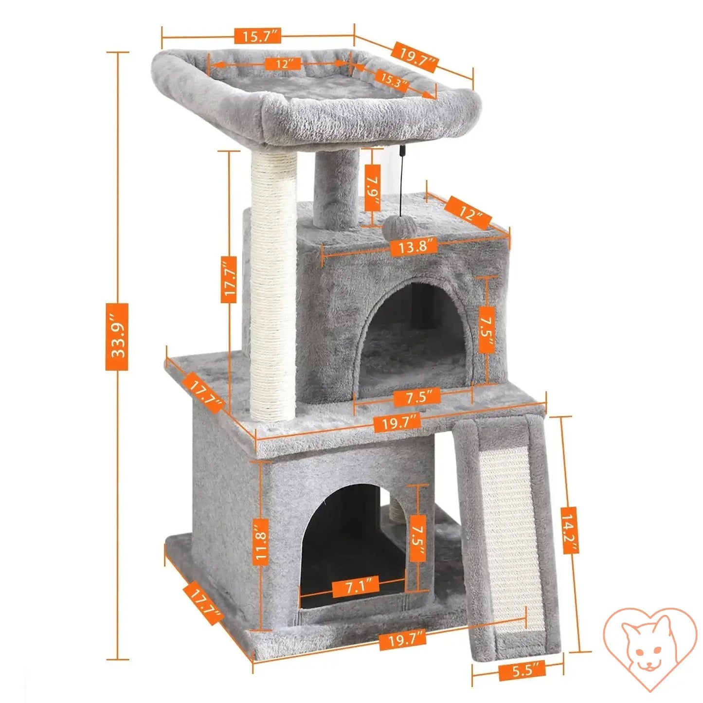 68-inch multi-level cat tree tower with dimensions, condos, sisal posts, and perch in gray fabric.