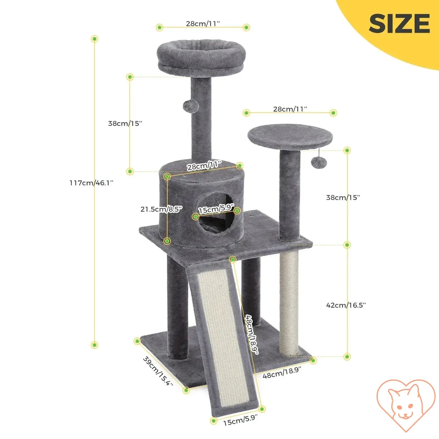 Size diagram of a 68-Inch Multi-Level Cat Tree Tower showing dimensions of condos, perch, and sisal posts.