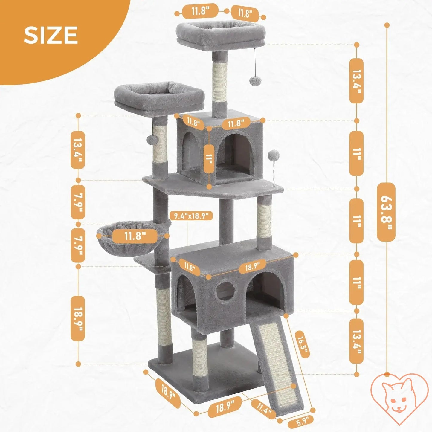 Size chart for 68-Inch Multi-Level Cat Tree Tower showing dimensions of each level and features.