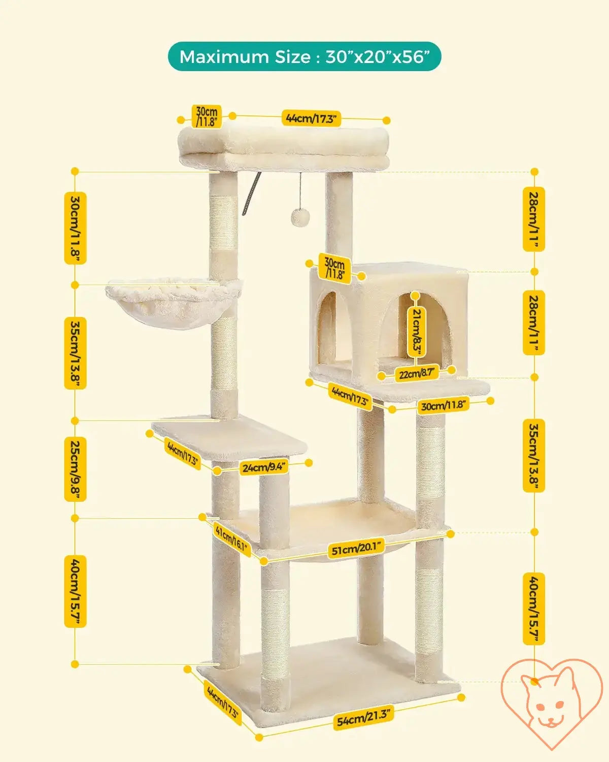 Detailed dimensions of a 68-inch multi-level cat tree tower with condos, sisal posts, and perch for cat play.